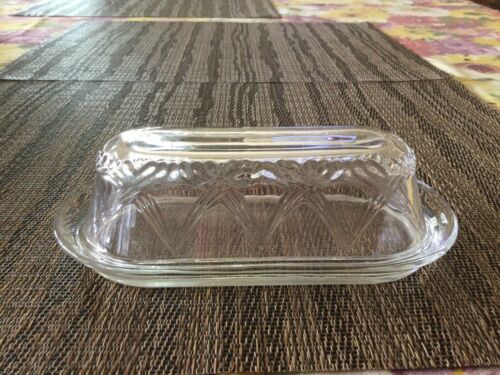 Vintage Clear Glass Butter Dish & Lid 7 1/2” X 4” Oval Embossed Design Kitchen