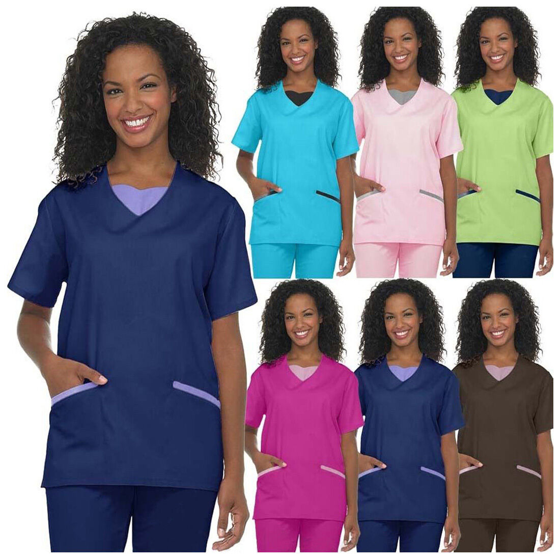 Medical Nursing Women Scrub Natural Uniforms Contrast Jersey Full Set Top Pants