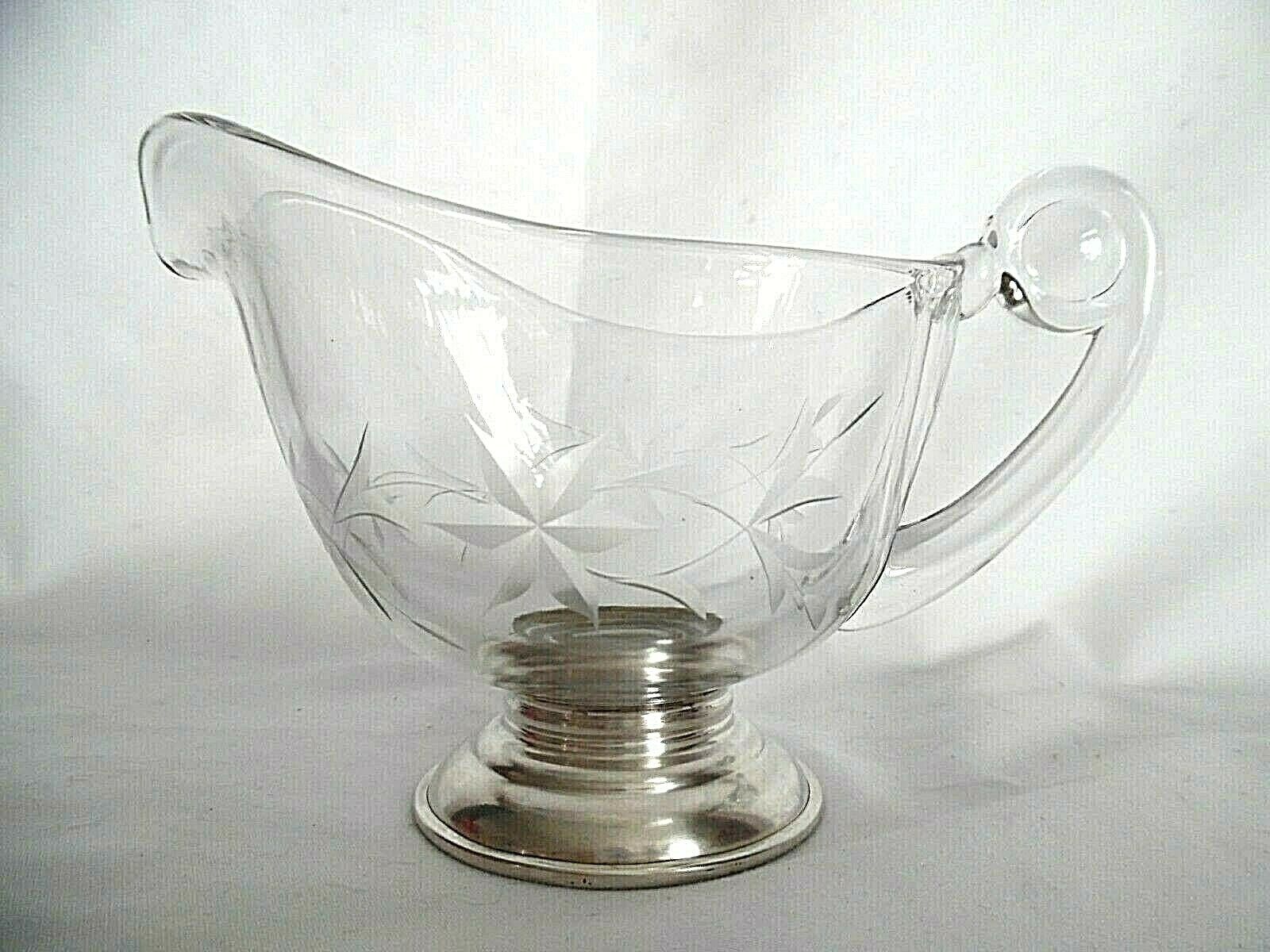 Sterling Silver Base B-i Mark Gravy Sauce Pour Boat Etched Glass Flowers Vintage