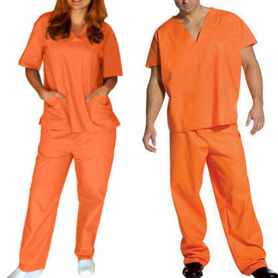 Orange Prisoner Scrub Convict Inmate Jail Unisex Uniform Set Top Pants Halloween