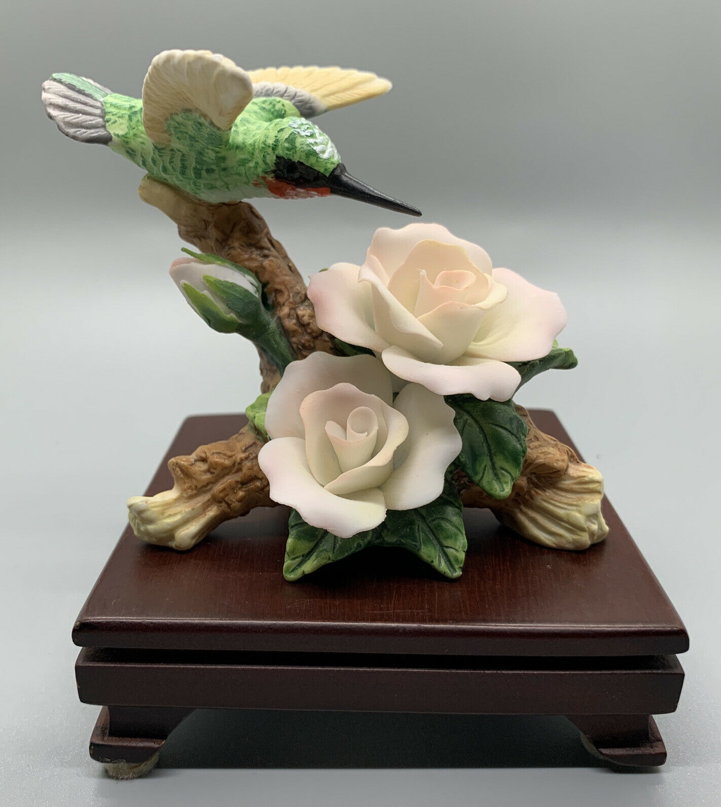 Ruby Throated Hummingbird On Branch With Intricate Roses Figurine
