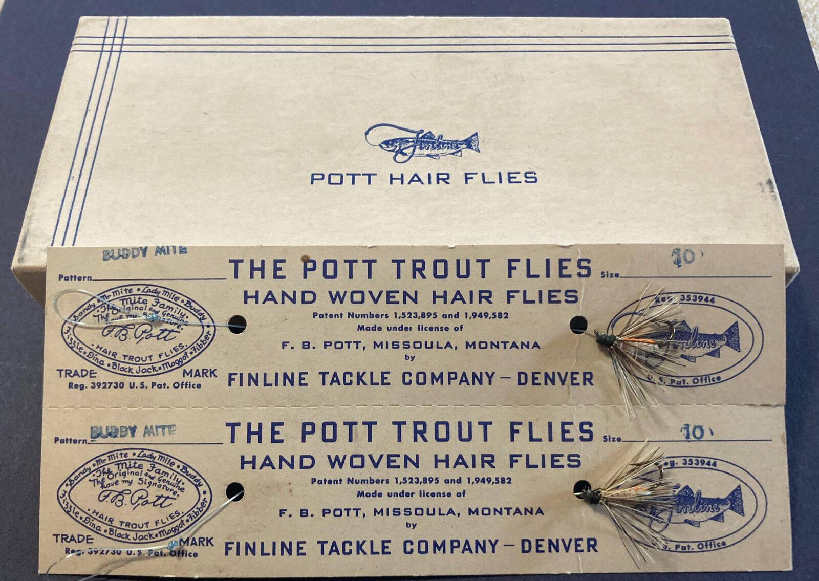 2 Antique Pott Trout Flies Buddy Mite Hand Woven Hair Flies. Original Box Rare.