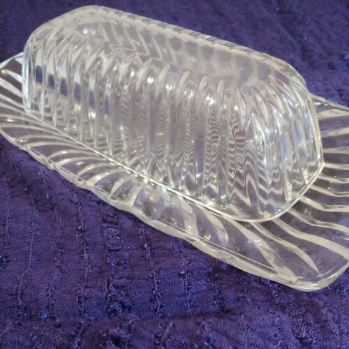 Vintage Clear Glass Crystal Rectangle Butter Dish With Lid Petal Cut Pattern