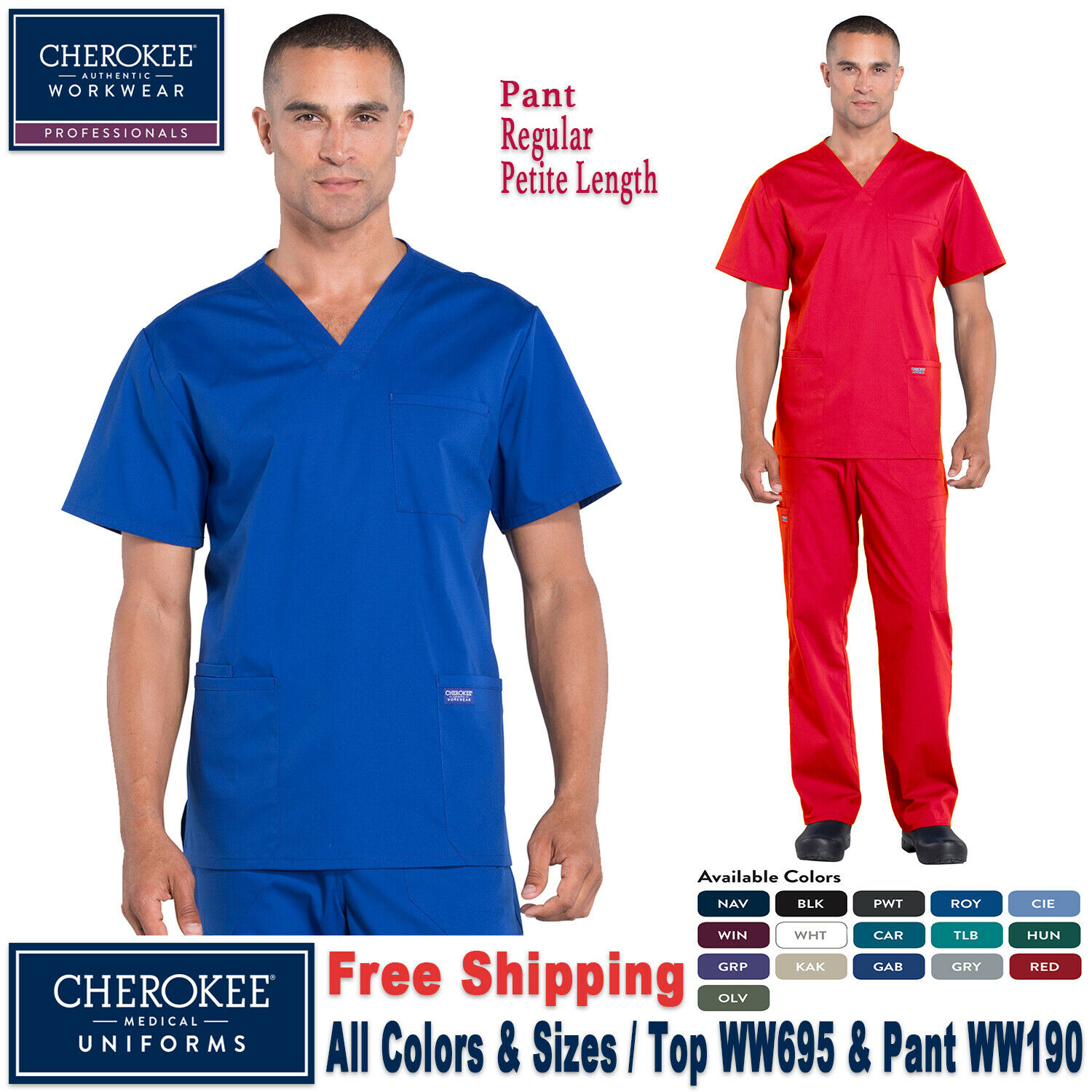 Cherokee Scrubs Set Professional Men's Top & Pants Ww695/ww190 Regular/petite