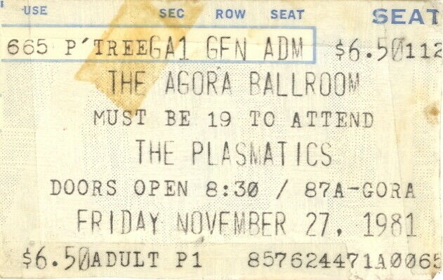 Plasmatics 1981 Tour Agora Ballroom / Atlanta Concert Ticket Stub / Fair 2 Good