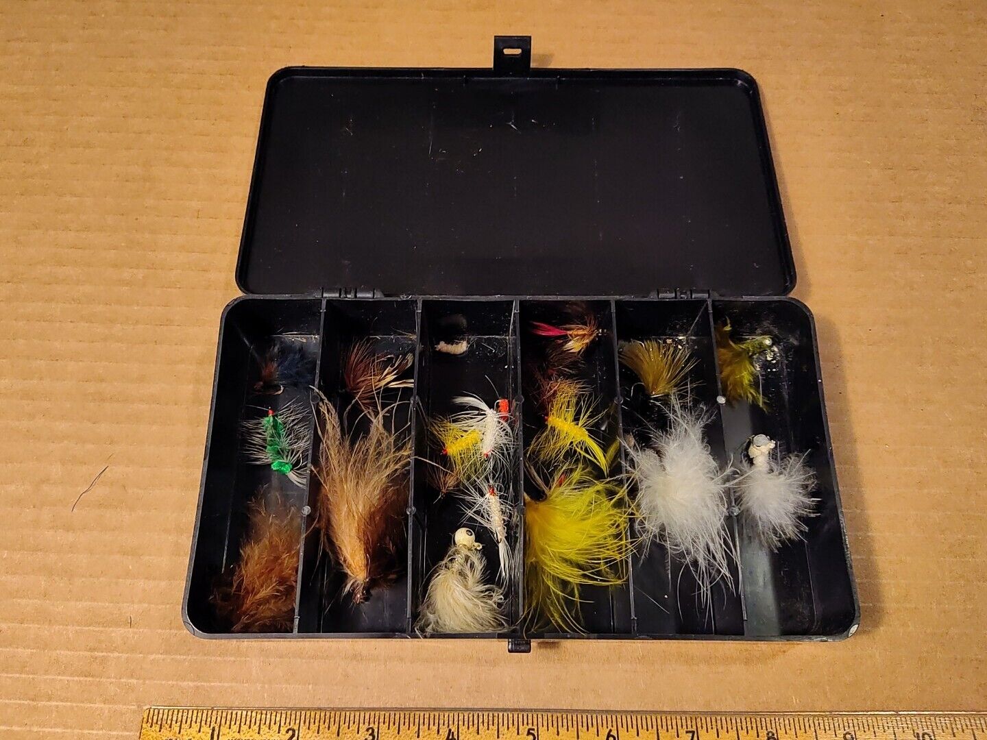 Vintage Medium Black Plastic Tackle Box With Feather Jig Lures And Flies