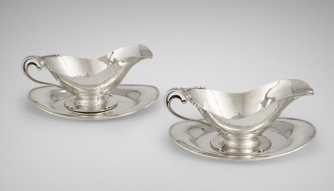 Pair Of Cellini Craft Sterling Silver Hand Wrought Gravy Boats With Tray
